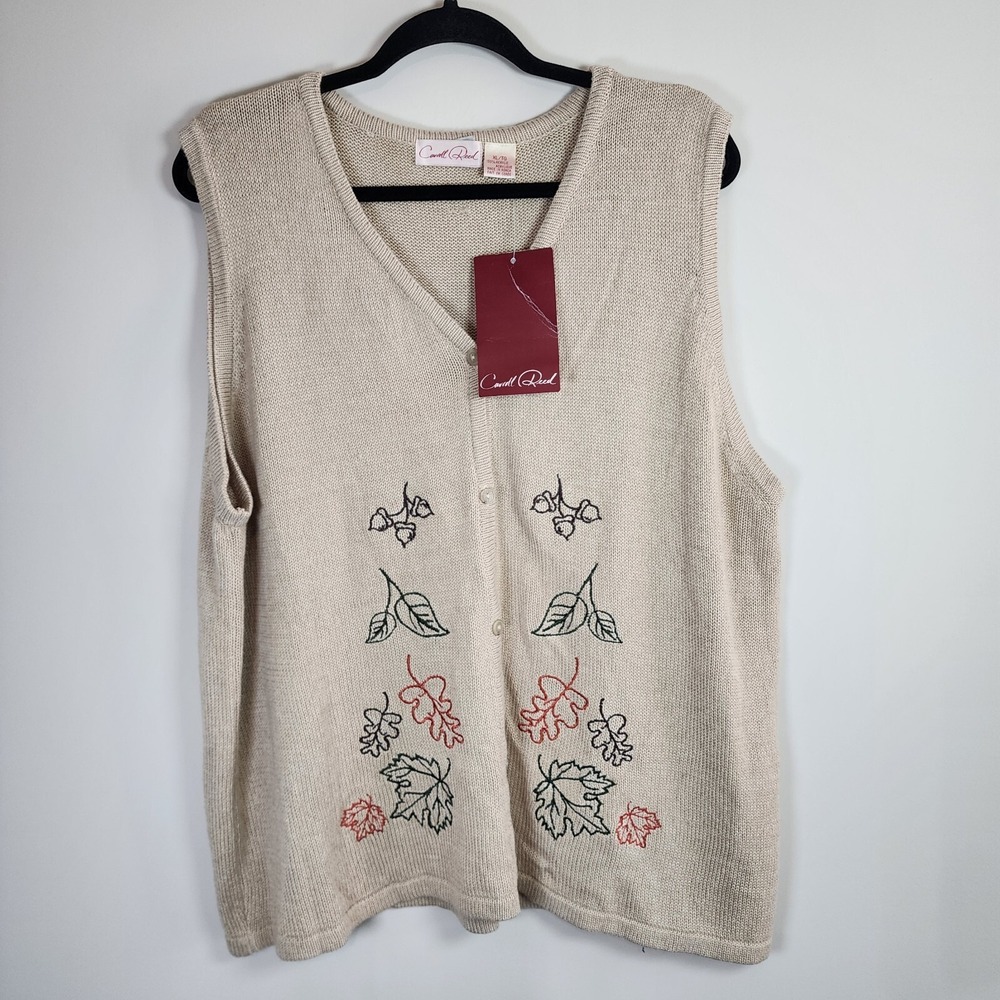 NEW Sweater Vest Womens XL Beige Embroidered Leaf Autumn Cottagecore Fall Indie - Picture 2 of 15